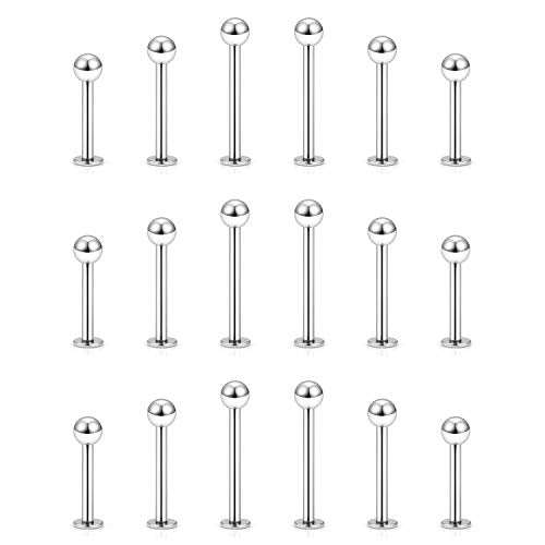 20G 18G 16G 14G 12G Lip Labret Medusa Monroe Rings Studs 316L Surgical Steel Flat Back Tragus Helix Cartilage Earring Stud Piercing Jewelry Bar Length 8mm 10mm 12mm Mix Color 18PCS - color: Silver, size: 20G(0.8mm)-8/10/12mm Bars-3mm Balls