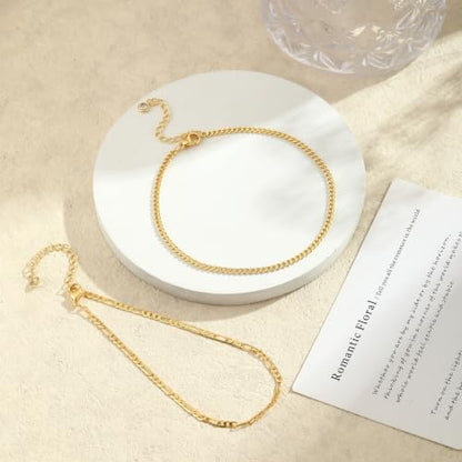 Gold Anklets for Women Waterproof, 14K Gold Plated Cuban Link Twist Figaro Beaded Stackable Anklet Bracelets Minimalist Daily Jewelry Gifts Non Tarnish Lightweight