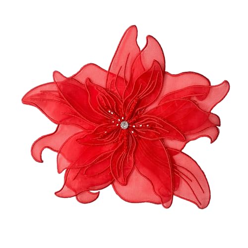 Exaggerated Organza Fabric Flower Brooch Pin for Women Girls Fashion Dainty Layered Big Beaded Corsage Boutonniere Brooches Lapel Pins Delicate Wedding Birthday Holiday Dress Accessories Jewelry Gift - color: Red