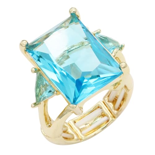 Lavencious Big Bold Radiant CZ Stones Stretch Rings for Women Size for 7-9 - color: Aqua Blue