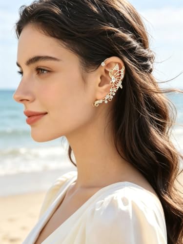 2Pcs Rhinestone Butterfly Earrings Ear Cuffs Non-Pierced Fake Earrings Butterfly Climber Wrap Around Earring Dainty Adjustable Ear Clip Jewelry for Women - color: Style4-gold