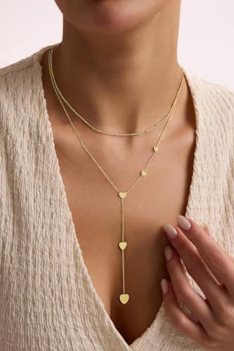 Yoosteel Long 14K-Gold-Plated Necklace for Women,Layered Lariat Necklaces | Dainty Y Drop Necklaces, Western Necklace Stack,Simple Bar Heart Circle Pendant,Prom Choker Chain Jewelry,Trendy Gifts - color: Layered Heart Bead Y-Shaped Necklace