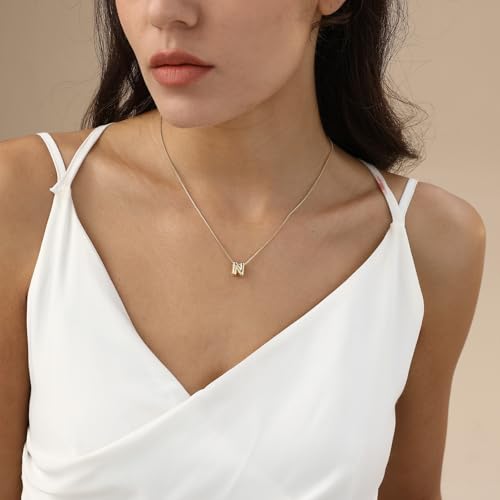 14K Gold Plated Bubble Letter Necklace, Tarnish Free and Waterproof Dainty Initial Necklace for Women, Trendy Personalized Gold Jewelry Gift for Her - color: Gold, style: N
