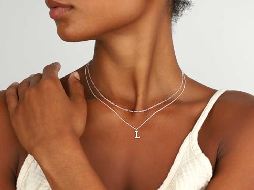 MBW Dainty Silver Layered Initial A-Z Pendant Necklaces for Women Thin | Simple Waterproof 925 Silver Plated Necklace Figaro Choker Monogram Name Jewelry Set Personalized - color: Silver InitIal NK-L