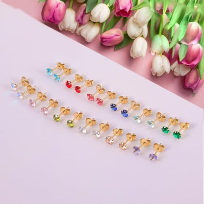 12 Pairs Surgical Stainless Steel Stud Earring Round Heart Star Square Cubic Zirconia Birthstone Stud Earrings Set for Women - color: Gold round 5mm