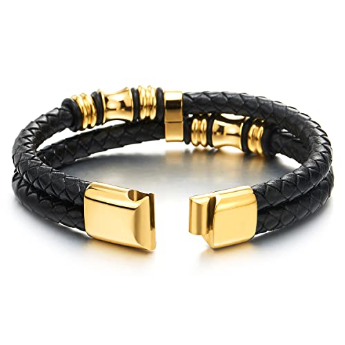 COOLSTEELANDBEYOND Mens Double-Row Braided Leather Bracelet Bangle Wristband with Black Stainless Steel Ornaments - color: I-Black Gold