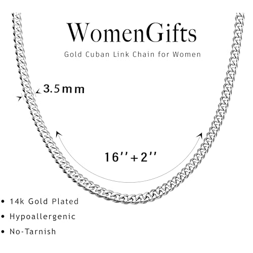 WomenGifts Cuban Link Chain Necklace for Women, Waterproof 14k Gold Silver Plated Chain Choker, Non Tarnish Stainless Steel Jewelry, 3.5/5/6/8/11mm,14/16/18 Inch Thin&Chunky&Thick - color: Silver, style: 3.5MM-16"