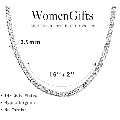 WomenGifts Cuban Link Chain Necklace for Women, Waterproof 14k Gold Silver Plated Chain Choker, Non Tarnish Stainless Steel Jewelry, 3.5/5/6/8/11mm,14/16/18 Inch Thin&Chunky&Thick - color: Silver, style: 3.5MM-16"