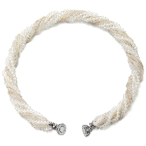 COOLSTEELANDBEYOND Multi-Layer Beads Crystal Braided Chain Choker Collar Magnetic Clasp,Statement Necklace, Bracelet - color: T-Necklace White Color