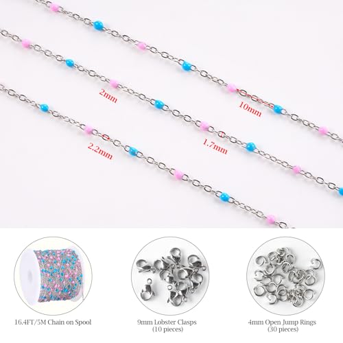 5M Pink and Blue Beaded Jewelry Chains for Crafts DIY with Clasps Supplies | Silver Cable Chain Spool on Bulk Stainless Steel Jewelry Making Chains for Handcraft Make - color: silver-blue pink