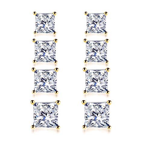 925 Sterling Silver Stud Earrings, 4 Pairs Square Cubic Zirconia Stud Earrings Set for Women Men 3 4 5 6mm - color: E-Gold 3/4/5/6mm