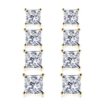 925 Sterling Silver Stud Earrings, 4 Pairs Square Cubic Zirconia Stud Earrings Set for Women Men 3 4 5 6mm - color: E-Gold 3/4/5/6mm