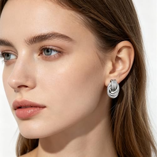 Gold Statement Earrings For Women, 14K Gold Plated Textured Geometric Drop Earrings - Hypoallergenic Stainless Steel Statement Earrings for Women, Waterproof Fan-Shaped Dangle Earrings for Beach & Daily Wear - color: Knot Silver YE03S