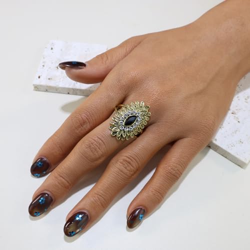Boho Retro Rhinestone Ring Ethnic Big Flower Crystal Finger Ring Trendy Statement Tribal Indian Dance Costume Ring Jewelry for Women - color: Gold-black