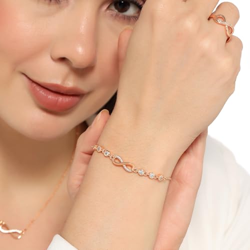 Nilu's Collection Infinity Shape Cubic Zirconia Diamond Bracelet for Women, Jewelry for Gift, Adjustable Charm Bracelet (Rose Gold Necklace + Bracelet) - color: Rose Gold Pendant+ Bracelet+Ring