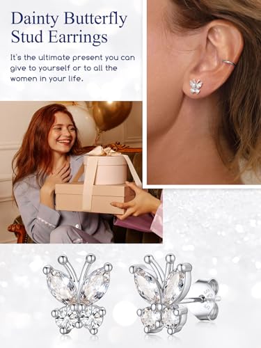 Suplight Butterfly Stud Earrings 925 Sterling Silver 14K Gold Brithstone Earrings for Women Brithstone Jewelry Gifts - color: 04.April ( Clear Quartz), size: Silver