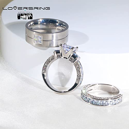 Couple Ring Bridal Set His Hers White Gold Plated CZ Stainless Steel Wedding Ring Band Set - color: White, size: women's size 7& men's size 8