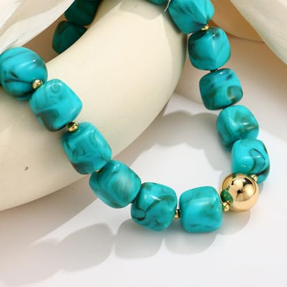 Chunky Beaded Necklace for Women Boho Statement Bead Necklace Adjustable Choker with Polished Disc/Square Beads Trendy Summer Beach Jewelry Gifts - color: Turquoise