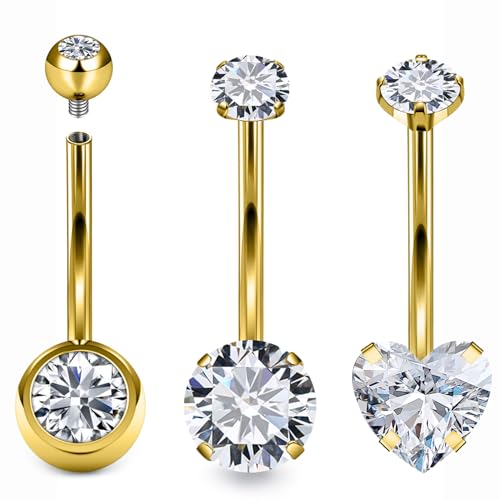 Belly Button Rings Surgical Steel Internally Threaded Belly Button Ring 10MM/12MM/14MM/16MM Navel Rings for Women Clear CZ 14G Long Bar Navel Piercing Jewelry - color: goldtone, size: 14mm bar length