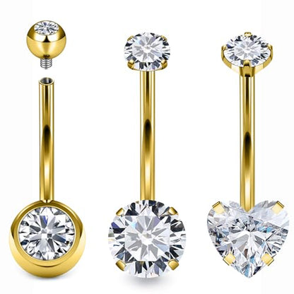 Belly Button Rings Surgical Steel Internally Threaded Belly Button Ring 10MM/12MM/14MM/16MM Navel Rings for Women Clear CZ 14G Long Bar Navel Piercing Jewelry - color: goldtone, size: 14mm bar length
