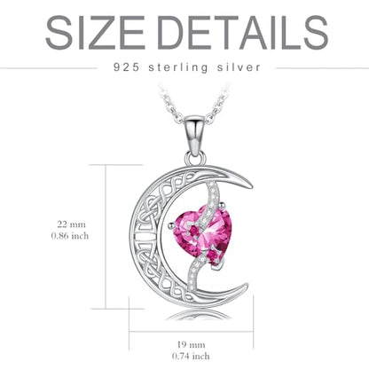 TOUPOP Moon and Star Birthstone Necklace for Women 925 Sterling Silver Celtic Moon Jewelry Birthday Mothers Day Gifts for Mom Wife Her - color: 10-October-Pink Tourmaline