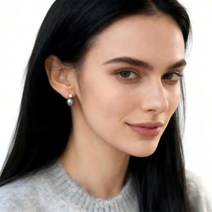 Faux Pearl Cubic Zirconia Stud Earrings, Hypoallergenic Lightweight Round Pearl Studs for Women - color: Platinum Grey, size: Pearl 10mm-CZ 3mm