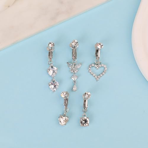 5Pcs Gold Fake Belly Piercing Fake Belly Ring for Women Fake Belly Button Piercing Clip On Belly Button Rings Fake Navel Ring Non Piercing - style: white stone-silver