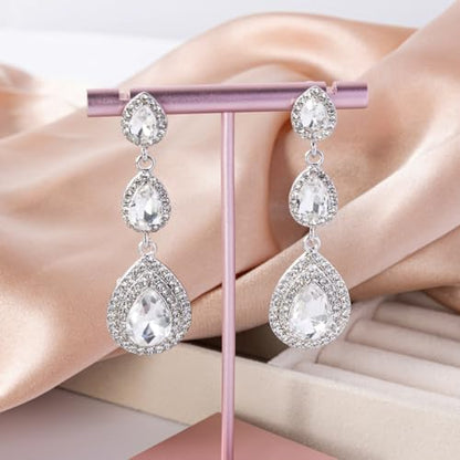 Elegant Rhinestone Statement Earrings Sparkly Cluster Crystal Drop Dangle Earrings Teardrop Chandelier Earrings Wedding Bridal Prom Earrings for Women - color: A:White