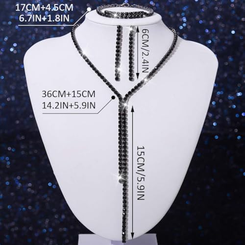 Silver Bridal Wedding Jewelry Sets Rhinestone Necklace Earrings Bracelet Set Prom Formal Costume Jewelry Sets for Women and Brides - color: Black