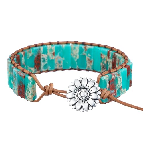 Plumiss Women Boho Handmade Natural Stone Crystal Leather Bead Wrap Bracelets Collection - style: Blue Agalmatolite 1W