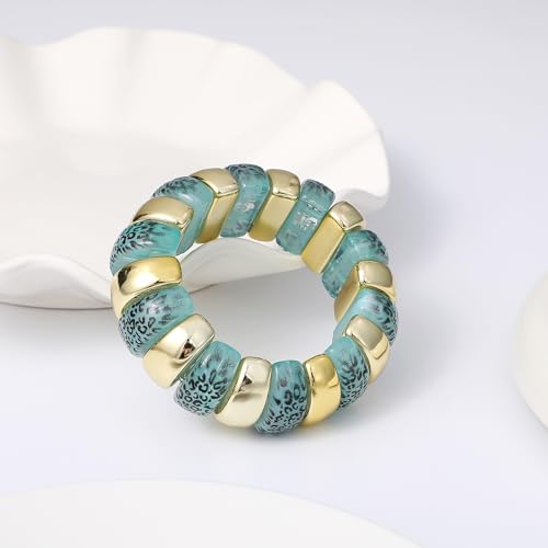 GOOJIDS Simple Beaded Gold Plated Bangles Bracelet Chunky Bamboo Tube Curved Stacking Clear Acrylic Colorful Beads Stretchable Gold Plated Bracelets Set For Women - color: B-Gold&Green Leopard