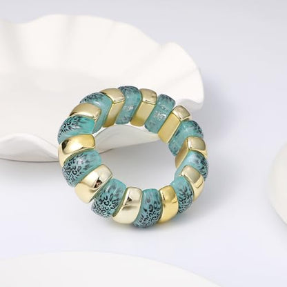 GOOJIDS Simple Beaded Gold Plated Bangles Bracelet Chunky Bamboo Tube Curved Stacking Clear Acrylic Colorful Beads Stretchable Gold Plated Bracelets Set For Women - color: B-Gold&Green Leopard