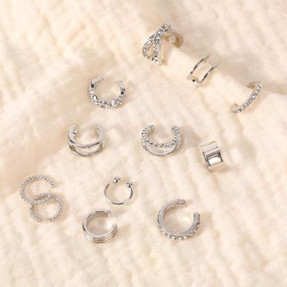 12pcs Silver Ear Cuffs Non Piercing, Alloy Non Pierced Clip on Cartilage Adjustable Stylish Fake Earrings for Women