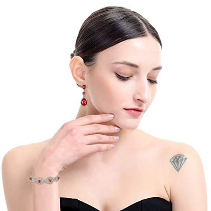Paxuan Silver/Gold Plated Bridal Wedding Rhinestone Earrings Bracelet Set for Wedding Brides Bridesmaids Crystal Stone Dangle Drop Earrings Link Tennis Bracelet Set for Women Wedding - color: Red - Bracelet and Earrings Set
