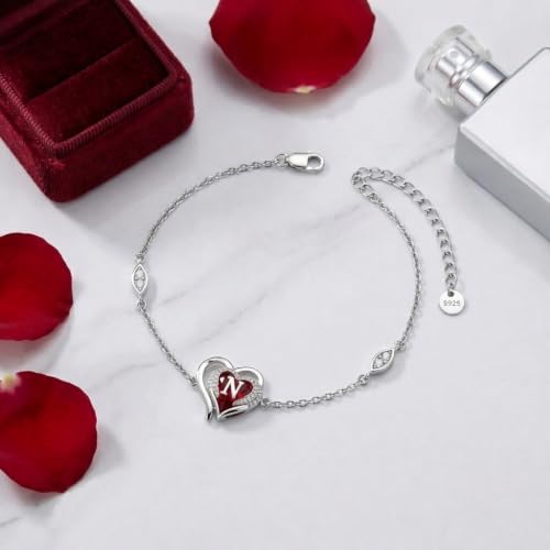 Initial Bracelet for Women 925 Sterling Silver Heart Angel Wings Initial Bracelet Anniversary Birthday Mothers Day Jewelry for Mom Her Wife - color: N