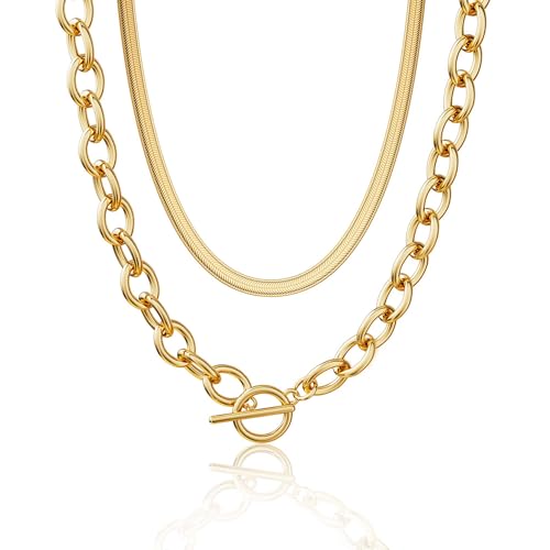 CHESKY 14K Gold Plated Chunky Necklace for Women, Trendy Toggle Clasp | Statement Pendant Necklace, Layered Paperclip Chain, Toggle Clasp Design, Thick Gold Chain, Non Tarnish Everyday Jewelry - color: gold, style: paperclip+herringbone