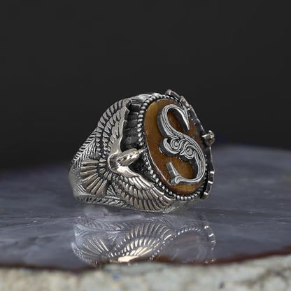 925 Sterling Silver Personalized Ring for Men, Tiger's Eye Stone Men's Ring, Eagle Design Silver Men Ring, Customizable Letter Ring, Silver Initial Men Ring, Monogram Silver Ring