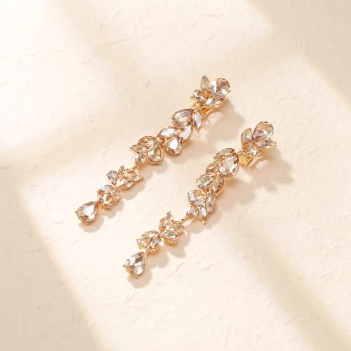 Crysdue Clip On Earrings for Women Rhinestone Crystal Teardrop Cluster Wedding Bridal Non Pierced Long Dangle Earring for Prom Party - color: Champagne Gold-Tone