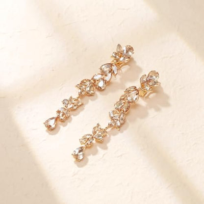 Crysdue Clip On Earrings for Women Rhinestone Crystal Teardrop Cluster Wedding Bridal Non Pierced Long Dangle Earring for Prom Party - color: Champagne Gold-Tone