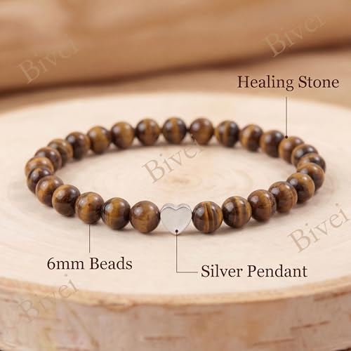 Bivei Crystal Stretch 6mm Bracelets for Women | Handmade Natural Stone Beaded Stretch Bracelet, Stainless Steel Heart Bead, Tranquility Yoga Gift Jewelry for Women - color: Tiger Eye - Empowering