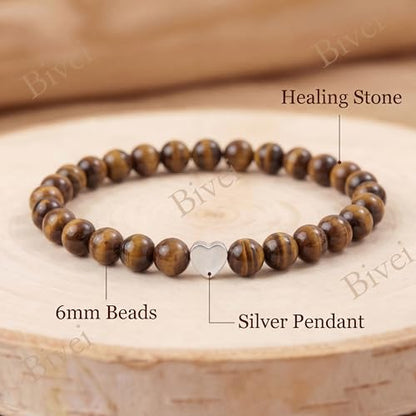 Bivei Crystal Stretch 6mm Bracelets for Women | Handmade Natural Stone Beaded Stretch Bracelet, Stainless Steel Heart Bead, Tranquility Yoga Gift Jewelry for Women - color: Tiger Eye - Empowering