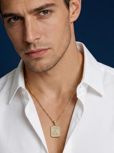 Initial Letter Pendant Necklace for Men Women, 14K/18K Gold A-Z | Square Monogram Pendant Jewelry Waterproof and colorfast with Figaro Chain, Gifts for Women Men - style: 14K Gold X