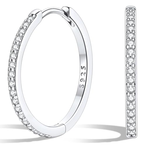 Silvora 925 Sterling Silver Huggie Hoop Earrings for Women, Small Hoop Earrings for Women, Cubic Zirconia Cartilage Earrings for Sensitive Ears, 6/8/10/12/14/16/18/20mm - color: B.Sterling Silver–White Gold Plated, size: 18MM