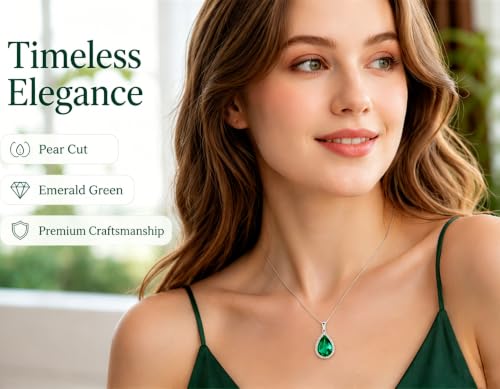 VONSSY Classic Oval Pendant Gemstone Necklace | Crystal Ruby Sapphire Waterdrop Birthstone Teardrop Emerald Necklace | 18K Platinum Gold Plated Chain | Jewelry Gift for Mother Wife Girlfriend - color: NL-Green-Platinunm