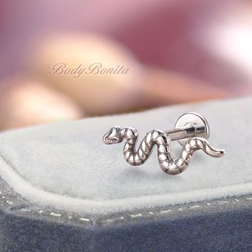 G23 Titanium 16G Tragus Conch Piercing Jewelry Flat Back Stud Earrings | Hypoallergenic CZ Nose Dangle Helix Medusa Lip Labret Body Piercing Jewelry, 14K Gold Plated, Silver, 6 and 8 mm Post Length - color: Serpent's Charm-Titanium