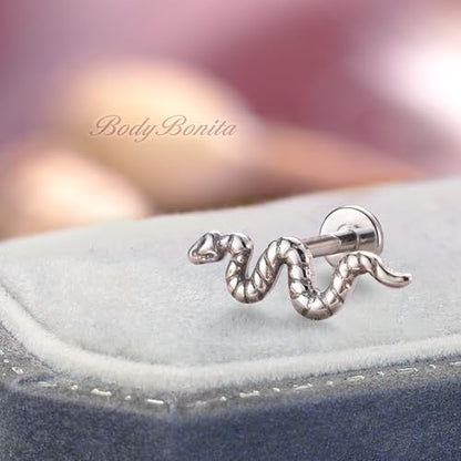 G23 Titanium 16G Tragus Conch Piercing Jewelry Flat Back Stud Earrings | Hypoallergenic CZ Nose Dangle Helix Medusa Lip Labret Body Piercing Jewelry, 14K Gold Plated, Silver, 6 and 8 mm Post Length - color: Serpent's Charm-Titanium