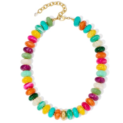 Chunky Beaded Necklace for Women Boho Statement Bead Necklace Adjustable Choker with Polished Disc/Square Beads Trendy Summer Beach Jewelry Gifts - color: Colorful