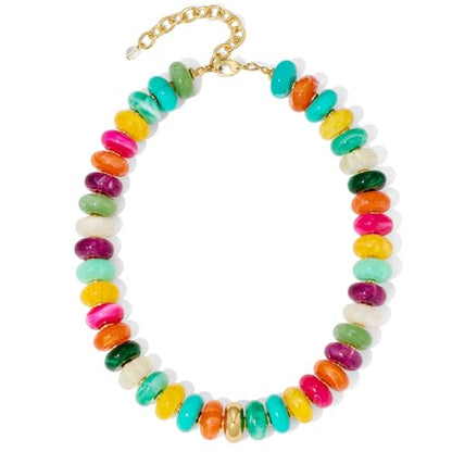 Chunky Beaded Necklace for Women Boho Statement Bead Necklace Adjustable Choker with Polished Disc/Square Beads Trendy Summer Beach Jewelry Gifts - color: Colorful