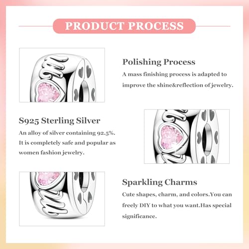 925 Sterling Silver Openable Clip Spacer Bead Fits Pandora Bracelet | Hypoallergenic Clip Stopper Charm, Star Clover Butterfly Floral Mom Heart Paved Zircon Gift for DIY Charm Bracelet Jewelry - color: Mom Pink Heart