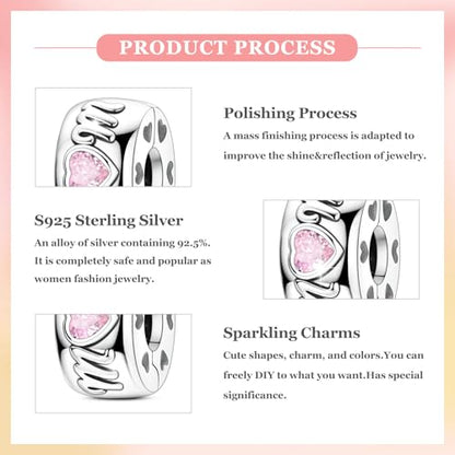 925 Sterling Silver Openable Clip Spacer Bead Fits Pandora Bracelet | Hypoallergenic Clip Stopper Charm, Star Clover Butterfly Floral Mom Heart Paved Zircon Gift for DIY Charm Bracelet Jewelry - color: Mom Pink Heart
